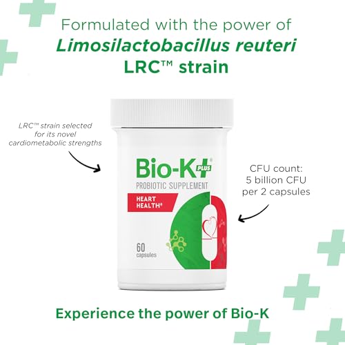 Bio-K+ Probiotics for Heart Health with Limosilactobacillus reuteri LRC – Heart Health Probiotic for Cholesterol & Cardiovascular Support, 5 Billion CFU, Vegan, Shelf-Stable – 60 Capsules Bio-K Plus Au supplements