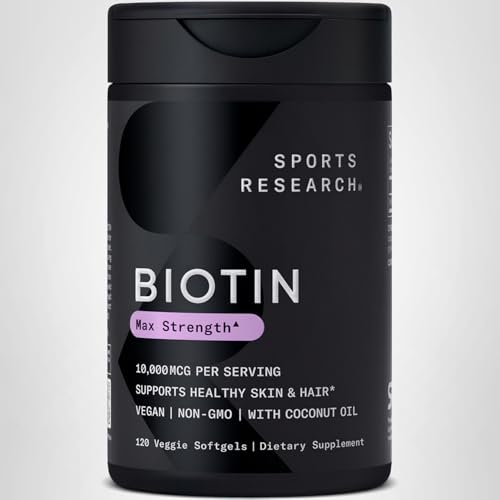 Sports Research® Biotin 10,000mcg with Organic Coconut Oil - Biotin (Vitamin B7) for Healthy Skin and Hair Support* - for Women and Men - Vegan, Non-GMO