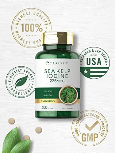 Sea Kelp Iodine Supplement | 225mcg | 300 Tablets | Non-GMO, Gluten Free | Traditional Carlyle Au supplements