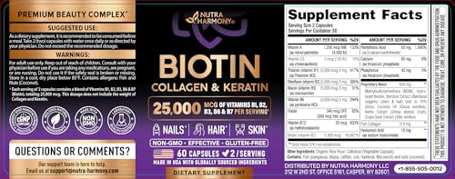 NUTRAHARMONY Biotin | Collagen | Hyaluronic Acid | Keratin - Support Normal Hair Growth Cycle - Skin & Nails - 25000mcg Vitamins B1, B2, B3, B6 & B7