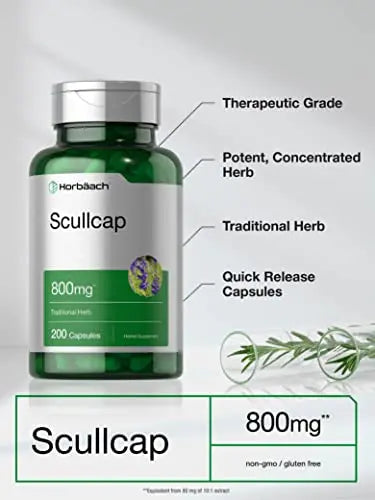 Scullcap Capsules | 800 mg | 200 Count | Max Potency, Value Size | Non-GMO and Gluten Horbäach Au supplements