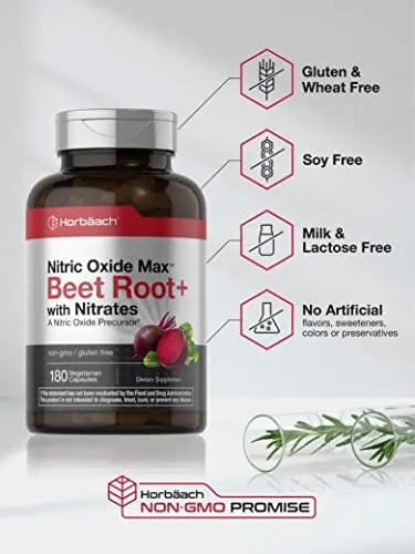 Nitric Oxide Beet Root Capsules | with Nitrates | 180 Count | Nitric Oxide Precursor | Vegetarian Horbäach Au supplements