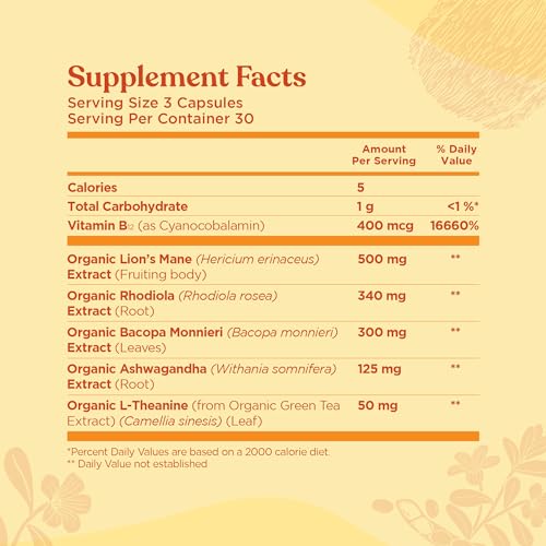 Four Sigmatic Focus Capsules | Lion's Mane Supplement Capsules | Brain Boosting Complex with Ashwagandha, Bacopa Monnieri & Rhodiola | Vegan Nootropic Adaptogen & Mushroom Supplement | 30 Servings Four Sigmatic Au supplements