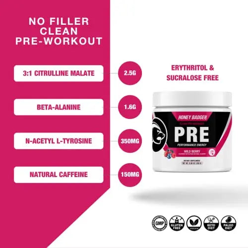 Honey Badger Pre Workout Powder, Keto Vegan Preworkout for Men & Women with Vitamin C Honey Badger Au supplements