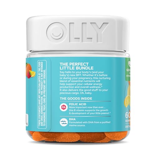 OLLY Prenatal Multivitamin Gummy, Supports Healthy Growth and Brain Development, Folic Acid, Vitamin D, Omega 3 DHA, Chewable Supplement
