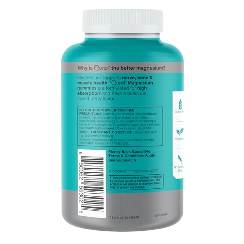 Qunol Magnesium Gummies for Adults, 200mg Elemental Magnesium (from 1,750mg Magnesium Citrate), High Absorption Magnesium Supplement, Supports Nerve,