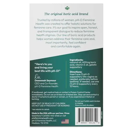 pH-D Feminine Health - Boric Acid Moisturizing Suppository - Woman Owned - for Vaginal Odor pH-D Feminine Health Support Au supplements