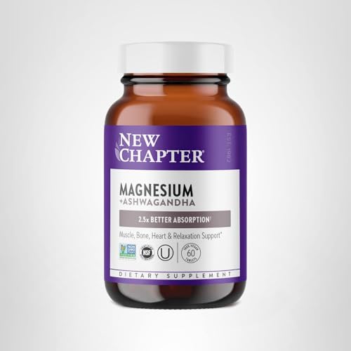 New Chapter Magnesium + Ashwagandha Supplement, 325 mg with Magnesium Glycinate for Muscle Relaxation & Recovery, Heart, Nerve & Bone Health, 2.5X Absorption