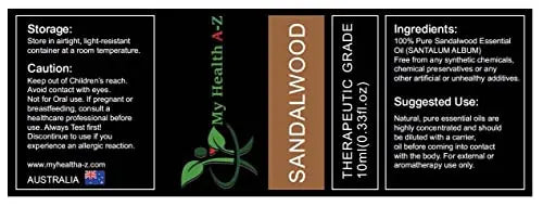 My Health A-Z Sandalwood Essential Oil, Organic 10ml (Santalum Album) Extracted My Health A-Z Au supplements