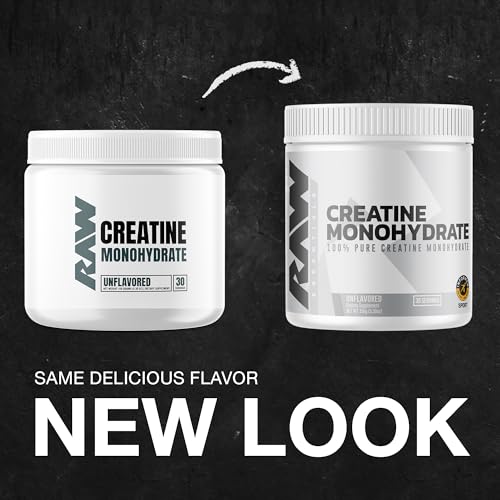 RAW Nutrition Creatine Monohydrate Powder, Unflavored (30 Servings) - Micronized Creatine Monohydrate Supplement for Workout Performance, Build Muscle & Strength