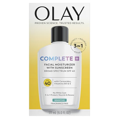 Olay Complete+ Face Moisturizer with Sunscreen SPF 40, For Sensitive Skin, Broad Spectrum Sun Protection, Fragrence-Free