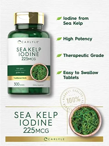Sea Kelp Iodine Supplement | 225mcg | 300 Tablets | Non-GMO, Gluten Free | Traditional Carlyle Au supplements