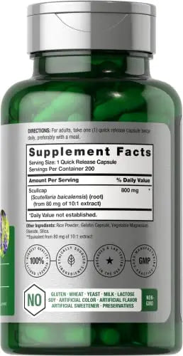 Scullcap Capsules | 800 mg | 200 Count | Max Potency, Value Size | Non-GMO and Gluten Horbäach Au supplements