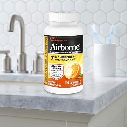 Airborne Vitamin C 1000mg (per Serving) - Citrus Chewable Tablets (116 Count in a Bottle), Gluten-Free Immune Support Supplement, with Vitamins A C E, Zinc, Selenium