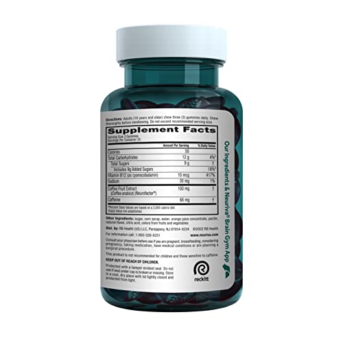 NEURIVA Brain + Energy Gummies, Nootropic Brain Supplements for Focus and Concentration with Neurofactor, Vitamin B12 & Caffeine for an Energy Boost*, 75ct Natural BlackBerry NEURIVA Au supplements