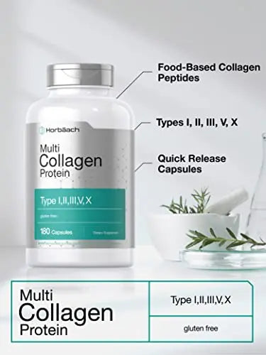 Multi Collagen Protein 2000 mg | 180 Capsules | Type I, II, III, V, X | Collagen Peptide Pills Horbäach Au supplements