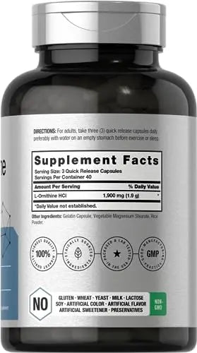 L Ornithine HCl | 1900mg | 120 Capsules | Non-GMO & Gluten Free Supplement Horbäach Au supplements