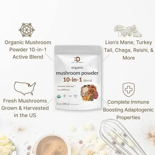 Organic Mushroom Powder Supplement, 12oz – 10 in 1 Active Blend – Turkey Tail, Lions Mane DEAL SUPPLEMENT Au supplements