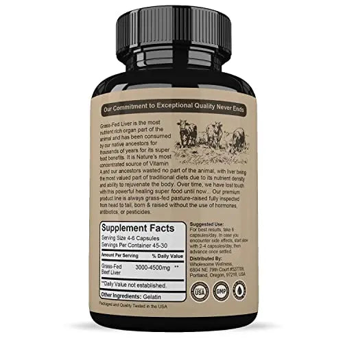 Grass Fed Desiccated Beef Liver Capsules (180 Pills, 750mg Each) - Natural Iron, Vitamin A Wholesome Wellness Au supplements