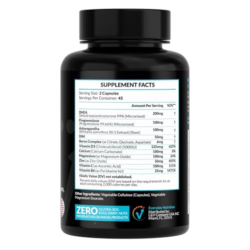 DHEA Micronized 200mg Complex with Pregnenolone 100mg Supplement for Men & Women with Ashwagandha, DIM, Magnesium, Boron, Calcium , Zinc, Vitamin D3, C and B6 Hormone Support - Made in USA 90 Capsules EVERYDAY NUTRITION Au supplements