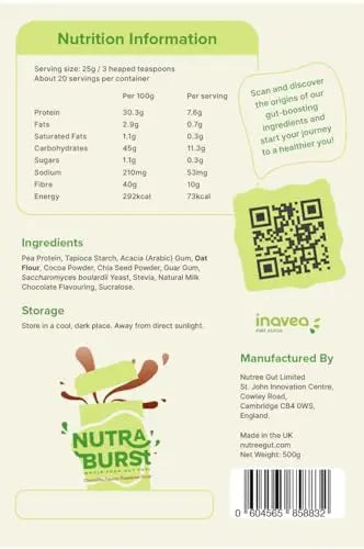 NutraBurst Pea Protein Shake with Probiotics, prebiotics, and Oats 500g - Chocolate Flavoured Nutree Gut Au supplements