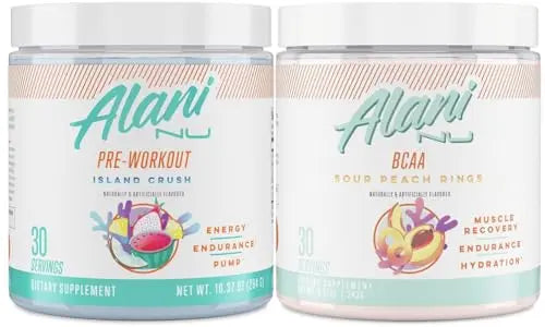 Alani Nu Island Crush Pre Workout and BCAA Sour Peach Rings Post Workout Powder Alani Nu Au supplements