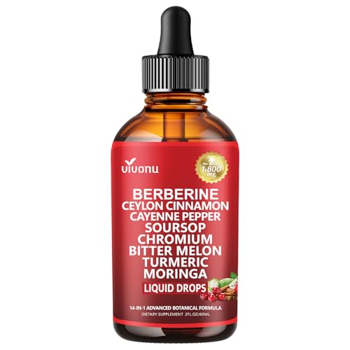 14-in-1 Berberine with Ceylon Cinnamon Supplement Liquid Drops, 1800mg + 30:1 Liposomal Tech with Cayenne Pepper, Soursop, Chromium, Bitter Melon, Turmeric, Moringa, Gymnema