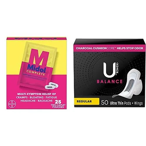 Midol Woman-on-The-Go Period Essentials Complete On The Go Menstrual Pain Relief Caplets, 50ct (25 Pouches of 2) & U by Kotex Balance Ultra Thin Pads Regular Absorbency 50ct Midol Au supplements