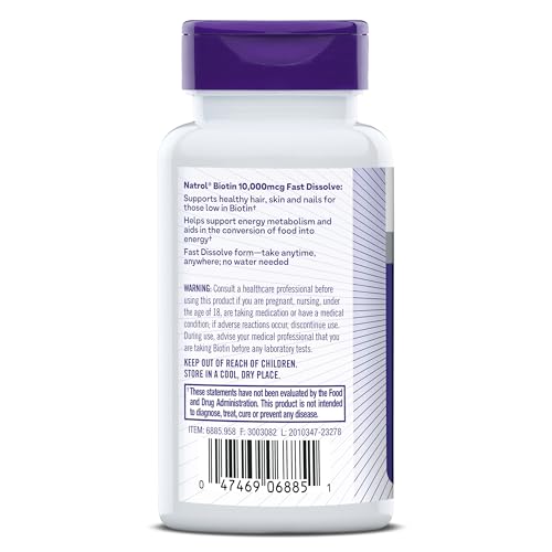 Natrol Biotin 10000mcg, 4X Faster Dissolve Supplement for Healthy Hair, Skin and Nails for Those Low in Biotin, Plus Energy Metabolism Support