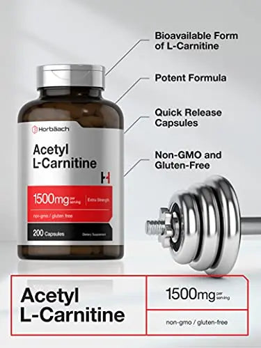 Acetyl L-Carnitine 1500mg | 200 Capsules | Extra Strength ALCAR Supplement | Non-GMO Horbäach Au supplements