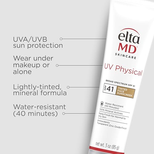 EltaMD UV Physical Tinted Mineral Sunscreen for Face SPF 41, 100% Mineral Actives Tinted Face Lotion, Water Resistant, Paraben-Free
