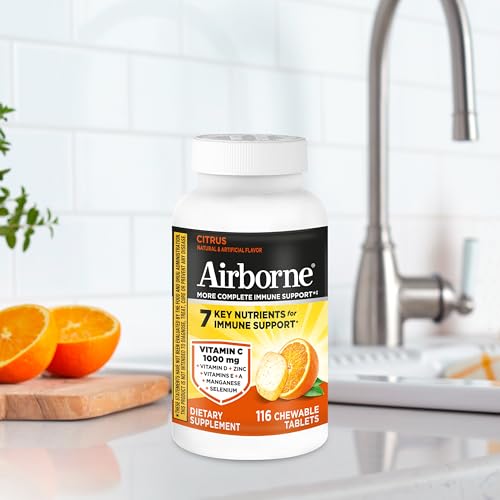 Airborne Vitamin C 1000mg (per Serving) - Citrus Chewable Tablets (116 Count in a Bottle), Gluten-Free Immune Support Supplement, with Vitamins A C E, Zinc, Selenium