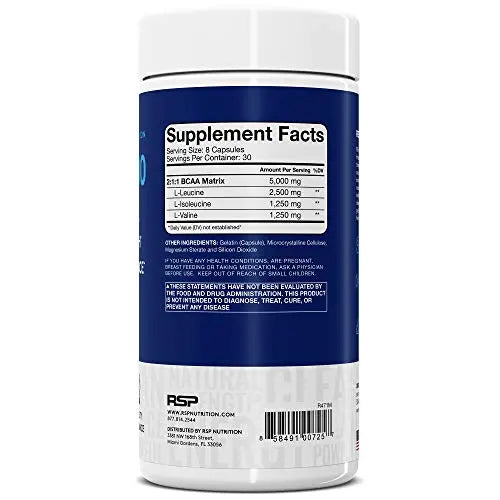 RSP BCAA 5000 (30 Serv), Premium BCAA Capsules for Post Workout Muscle Recovery RSP NUTRITION Au supplements