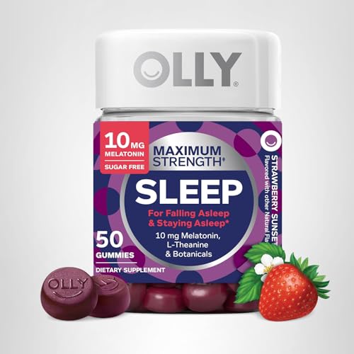 OLLY Max Strength Sleep Gummy, 10mg Melatonin, L-Theanine, Chamomile, Lemon Balm, Sugar Free, Vegetarian Sleep Aid, Strawberry - 70 Count
