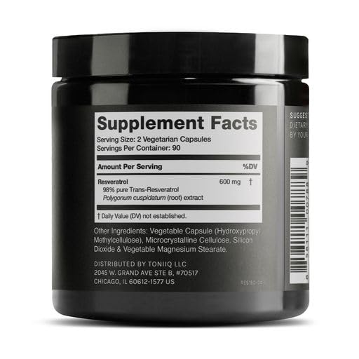 Toniiq Ultra High Purity Resveratrol Capsules - 98% Trans-Resveratrol - Highly Purified and Bioavailable - 180 Caps Reservatrol Supplement Toniiq Au supplements