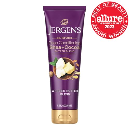 Jergens Shea and Cocoa Whipped Body Butter Lotion, Tone Enriching Hand And Body Lotion for Dry Skin, with Vitamins B3 & E, 8.5 Oz