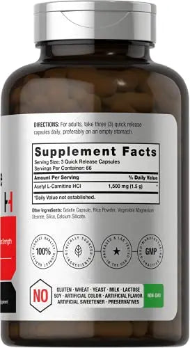 Acetyl L-Carnitine 1500mg | 200 Capsules | Extra Strength ALCAR Supplement | Non-GMO Horbäach Au supplements