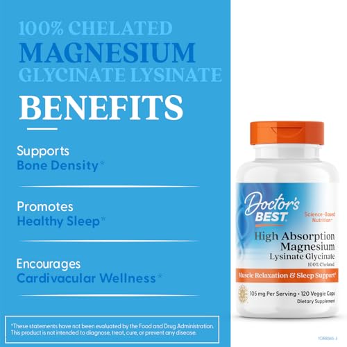 Doctor's Best High Absorption Magnesium Glycinate Lysinate Supplement for Sleep Support - Chelated Magnesium Capsules for Women & Men, 105 mg per Serving, Calm Support, Vegan - 120 Veg Caps Doctor's BEST Au supplements