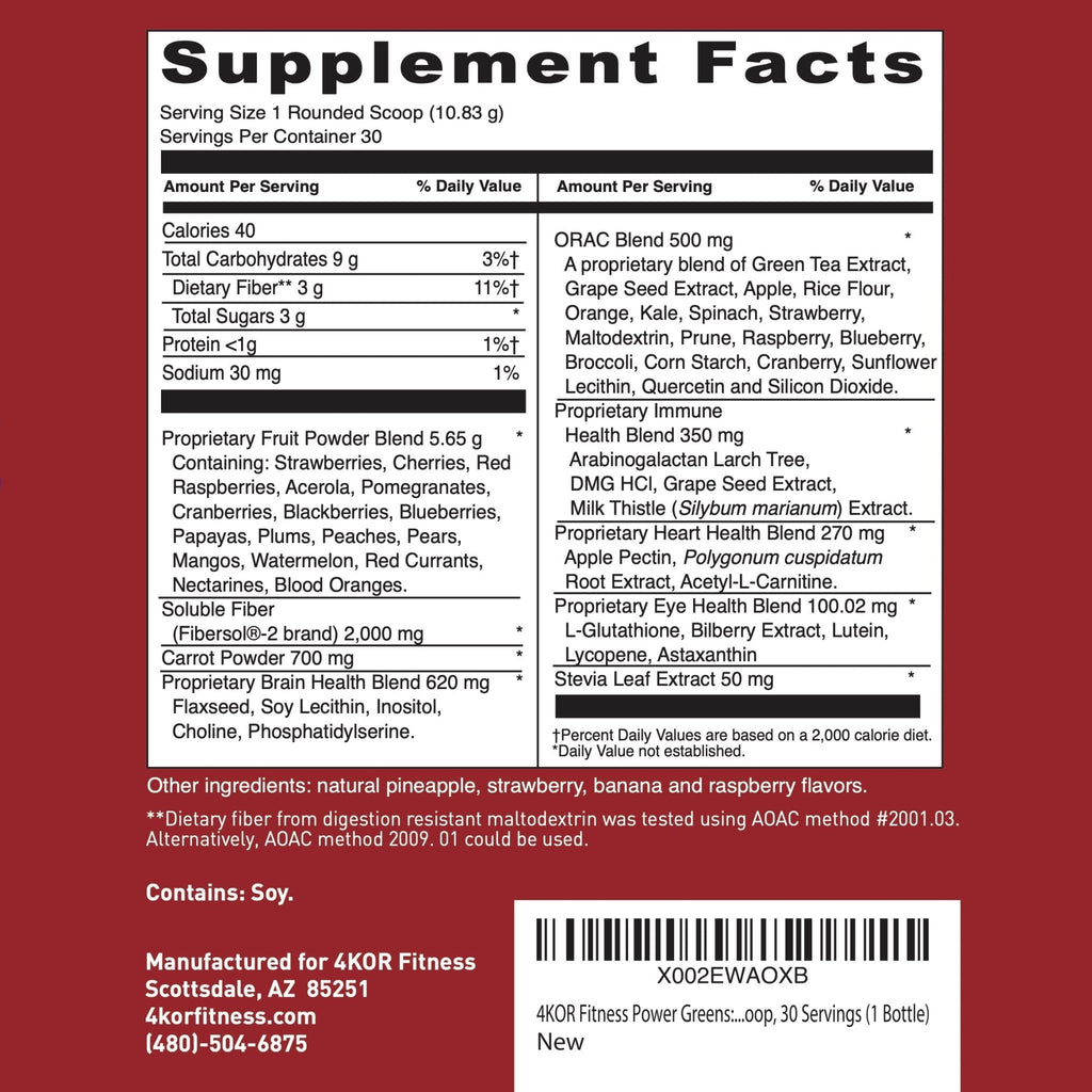 4KOR Fitness Power Reds & Greens: an Energizing Greens Drink Made up of Antioxidant-Rich Superfoods, Gluten-Free and Vegetarian, 30 Servings (1 Bottle) - TrustMedUSA