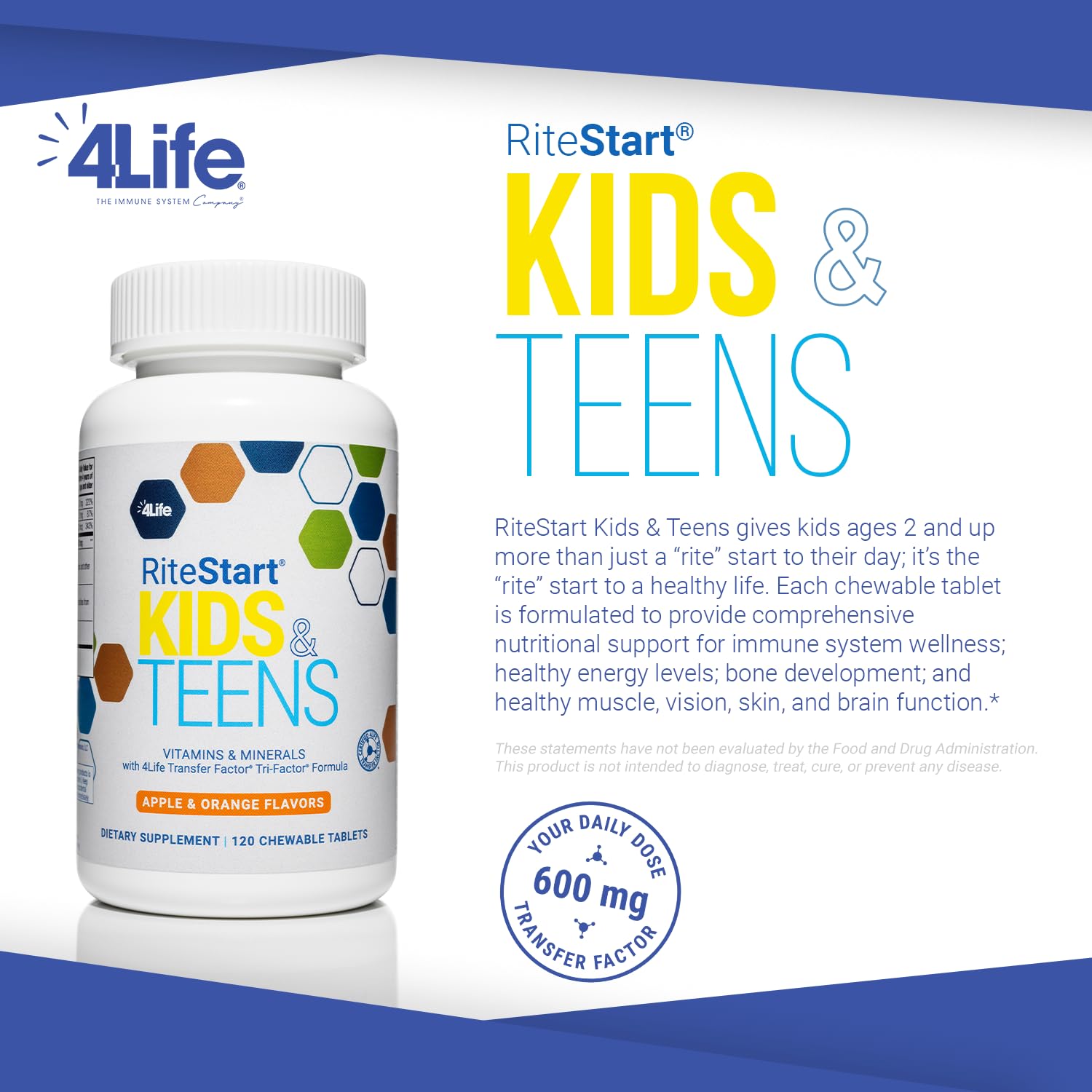 4Life RiteStart Kids and Teens- Apple, Orange Flavors, 22 Essential Vitamins, Minerals, Immune System and Brain Support Ages 2+ - 120 Chewable Tablets - TrustMedUSA