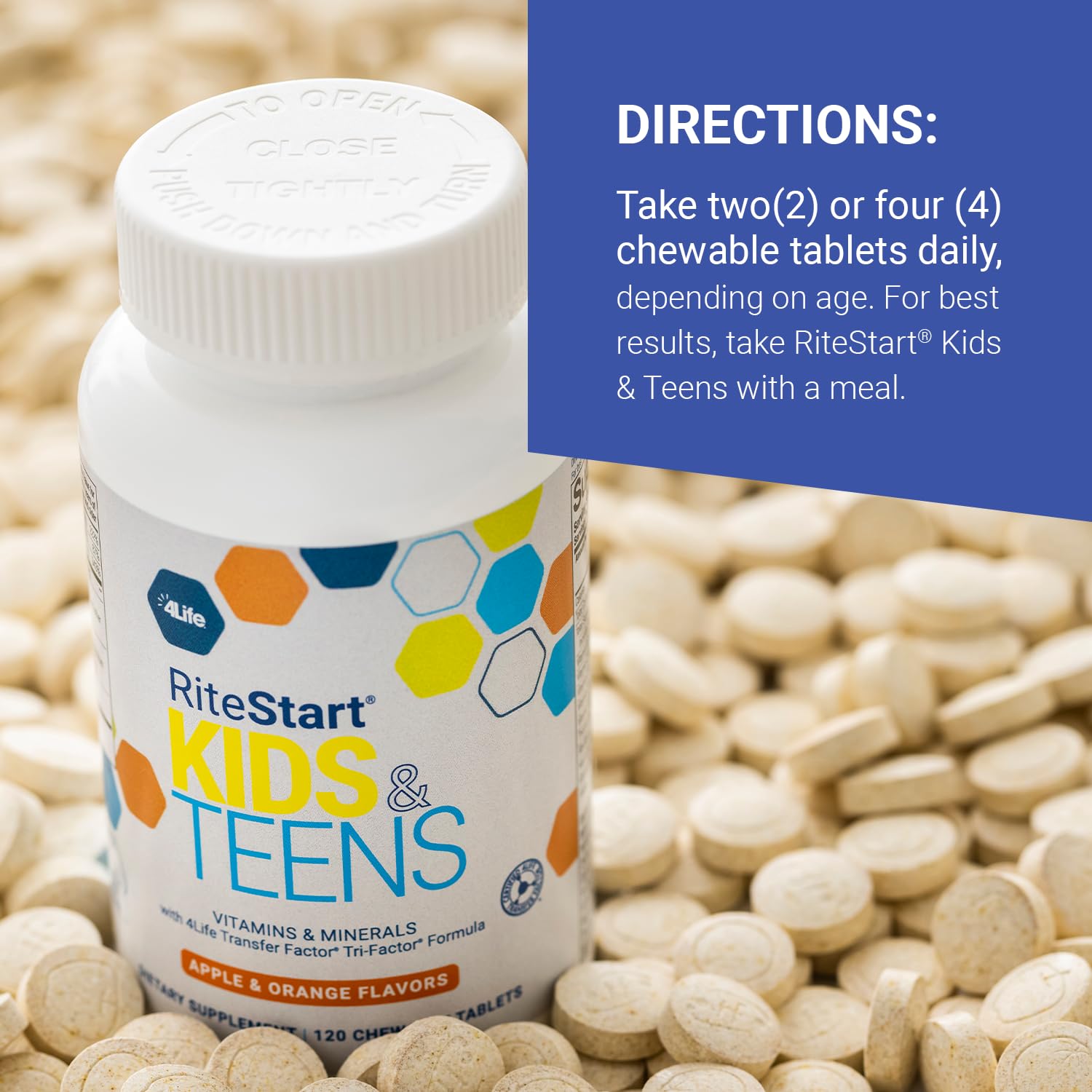 4Life RiteStart Kids and Teens- Apple, Orange Flavors, 22 Essential Vitamins, Minerals, Immune System and Brain Support Ages 2+ - 120 Chewable Tablets - TrustMedUSA