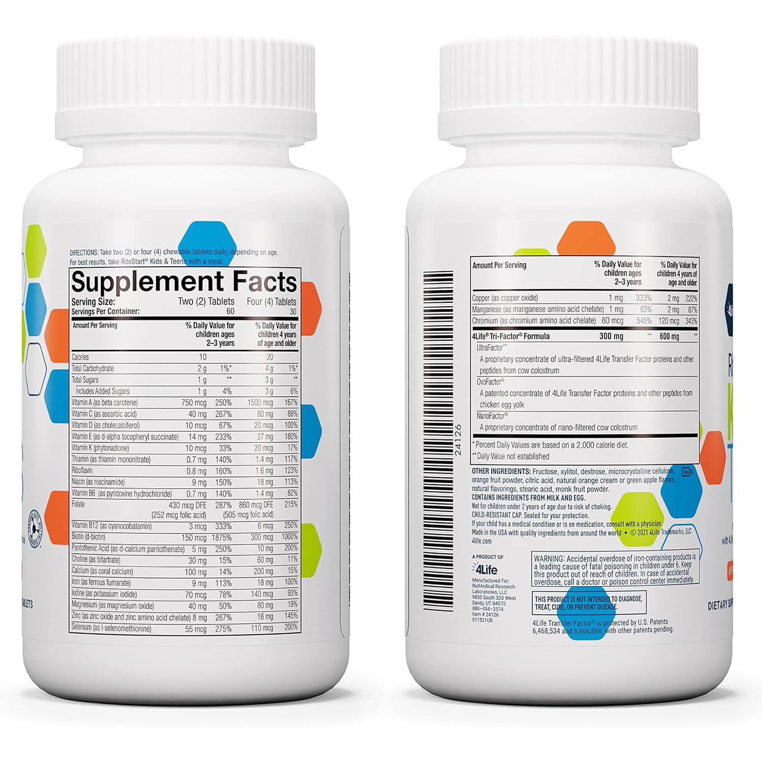 4Life RiteStart Kids and Teens- Apple, Orange Flavors, 22 Essential Vitamins, Minerals, Immune System and Brain Support Ages 2+ - 120 Chewable Tablets - TrustMedUSA