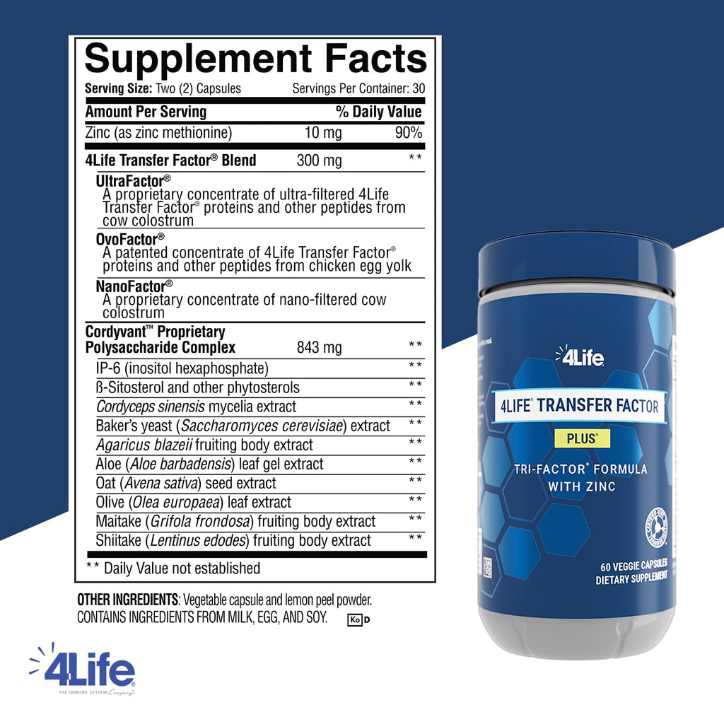 4Life Transfer Factor Plus - Support with Zinc, Super Mushroom Blend (Maitake, Shiitake, Agaricus), and Colostrum & Egg Yolk Extracts - 60 Capsules - TrustMedUSA