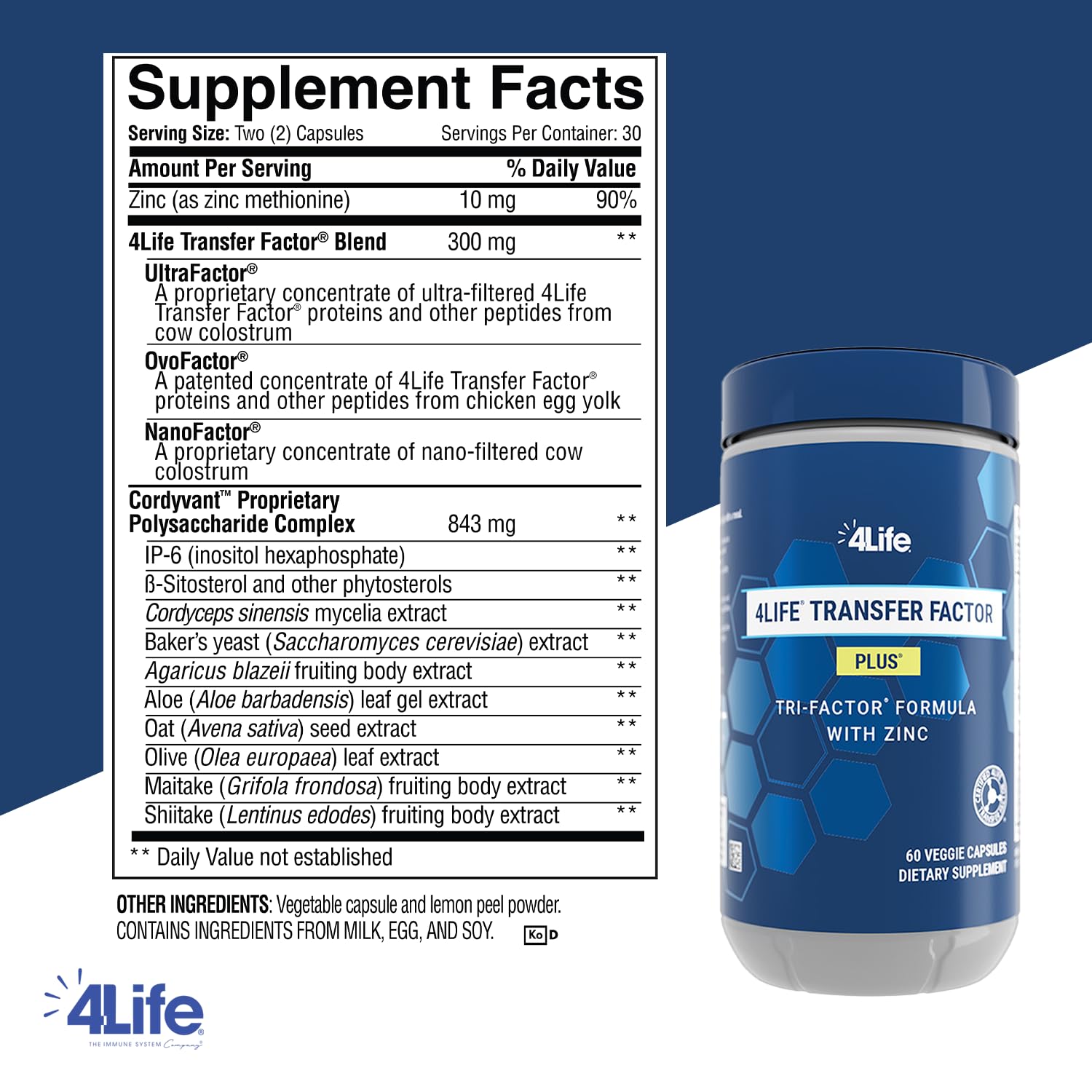 4Life Transfer Factor Plus - Support with Zinc, Super Mushroom Blend (Maitake, Shiitake, Agaricus), and Colostrum & Egg Yolk Extracts - 60 Capsules - TrustMedUSA