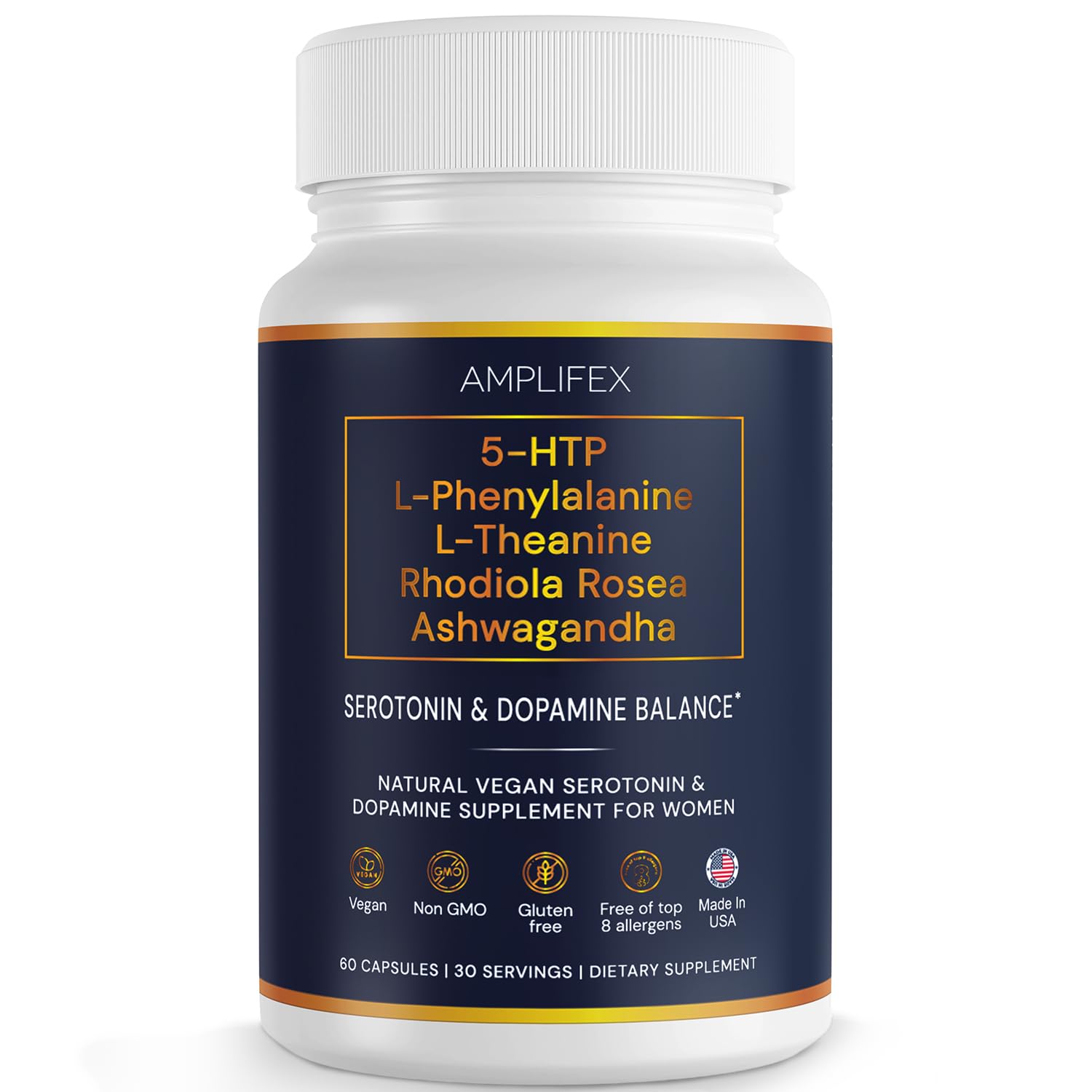 5-HTP Serotonin & Dopamine Support Complex with L-Theanine, L-Phenylalanine, Ashwagandha, Rhodiola B-Vitamins & Adaptogenic Herbal Blend – Mood & Stress Support for Women – Natural Vegan Non GMO - TrustMedUSA