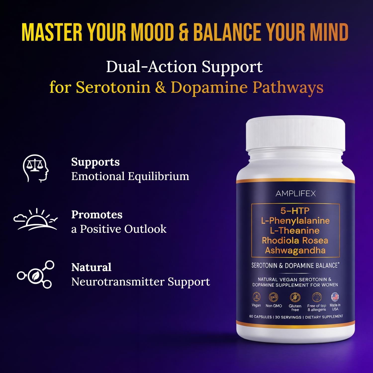 5-HTP Serotonin & Dopamine Support Complex with L-Theanine, L-Phenylalanine, Ashwagandha, Rhodiola B-Vitamins & Adaptogenic Herbal Blend – Mood & Stress Support for Women – Natural Vegan Non GMO - TrustMedUSA