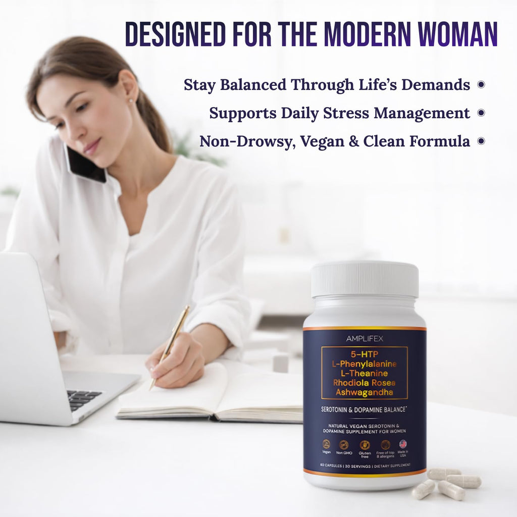 5-HTP Serotonin & Dopamine Support Complex with L-Theanine, L-Phenylalanine, Ashwagandha, Rhodiola B-Vitamins & Adaptogenic Herbal Blend – Mood & Stress Support for Women – Natural Vegan Non GMO - TrustMedUSA
