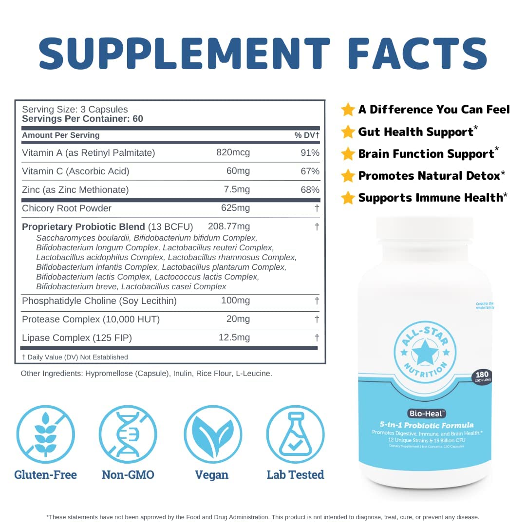 5-in-1 Bio-Heal® Probiotic Capsules for Kids, Men & Women - Best Supplement for Brain Function, Gut Health & Constipation - Shelf Stable & Fortified with Vitamins, Minerals & Prebiotics - TrustMedUSA