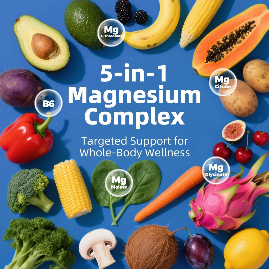 5 in 1 Magnesium Complex, 976mg Complex with Magnesium Glycinate, Citrate, Malate & L-Threonate, Vitamin B6 for High Absorption, Third Party Tested, Gluten-Free, Easy-Swallow Vegan Capsule - TrustMedUSA