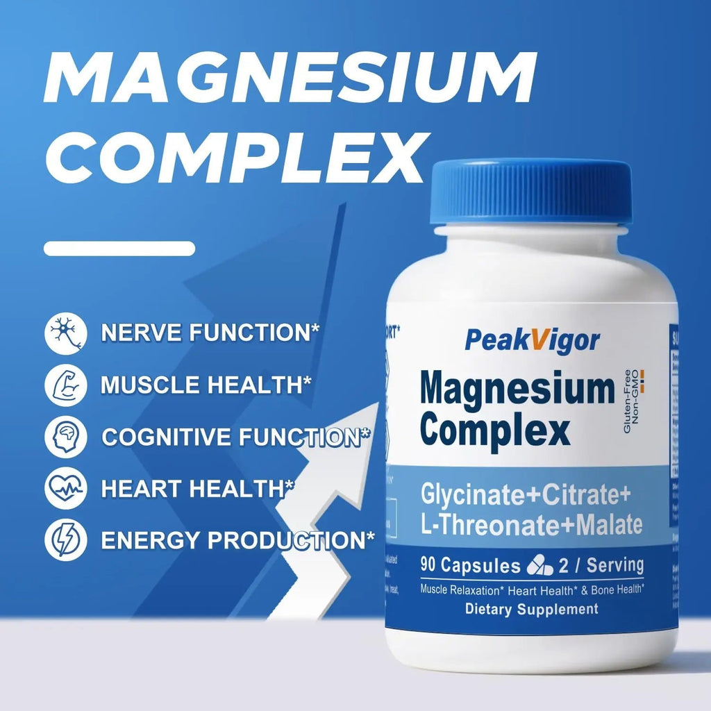 5 in 1 Magnesium Complex, 976mg Complex with Magnesium Glycinate, Citrate, Malate & L-Threonate, Vitamin B6 for High Absorption, Third Party Tested, Gluten-Free, Easy-Swallow Vegan Capsule - TrustMedUSA